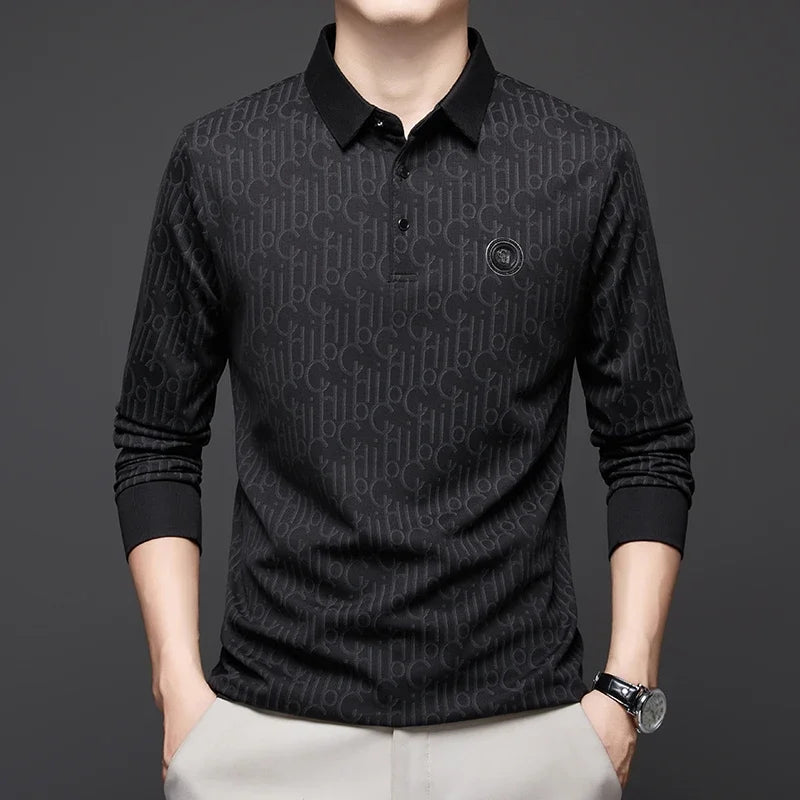 New Men's Business Casual Long Sleeved Shirt with Badge Solid Color Polo Shirt Fashionable Breathable Comfortable Versatile Top