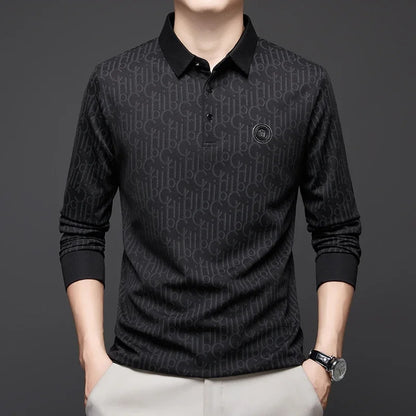 New Men's Business Casual Long Sleeved Shirt with Badge Solid Color Polo Shirt Fashionable Breathable Comfortable Versatile Top