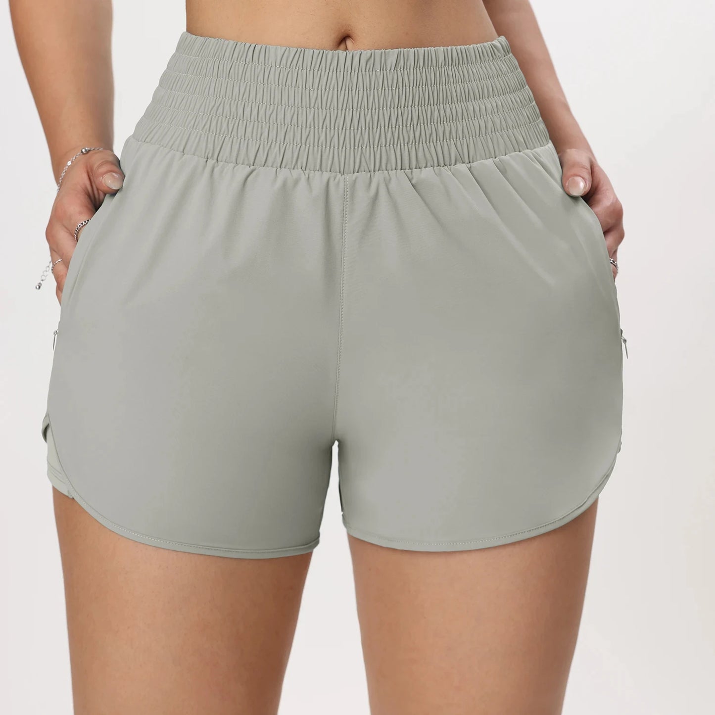 CHRLEISURE Women's Running Shorts with Zipper Pockets Quick-Dry Gym Shorts with Liner Elastic Waist Band Athletic Shorts