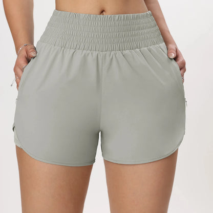 CHRLEISURE Women's Running Shorts with Zipper Pockets Quick-Dry Gym Shorts with Liner Elastic Waist Band Athletic Shorts