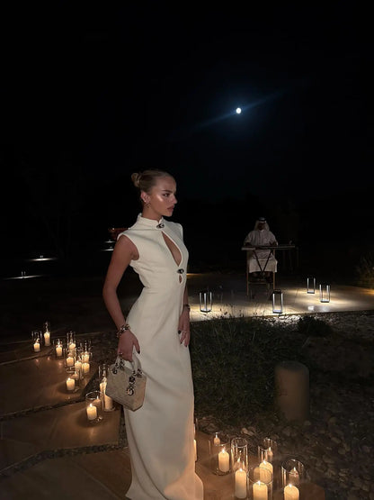 Solid Hollow Out Long Dress Women Elegant Sleeveless High Collar High Waist Bodycon Maxi Dresses 2025 Lady Evening Party Gowns