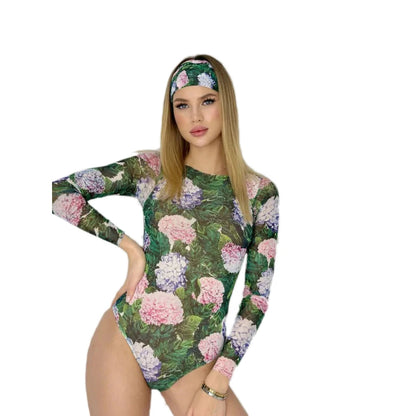 2025 New Floral Print Long Sleeve One-Piece Swimsuit Women Sexy Bodysuit Bathing Suit Beachwear