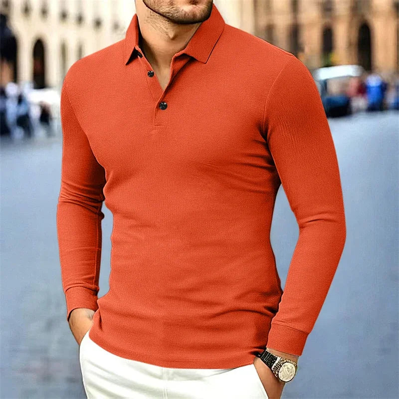 New Men's Business Casual Long Sleeved Shirt Solid Color Polo Shirt Fashionable Breathable Comfortable Versatile Top