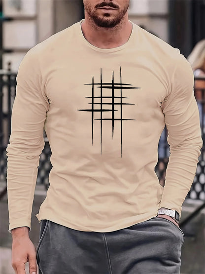 Men's 100% pure cotton loose fit comfortable sports and leisure creative line pattern printed round neck long sleeved T-shirt