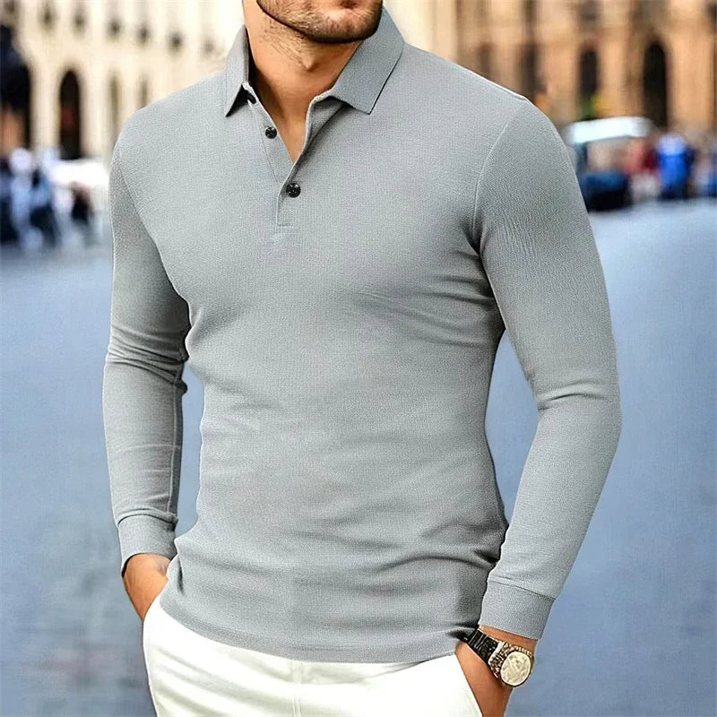 New Men's Business Casual Long Sleeved Shirt Solid Color Polo Shirt Fashionable Breathable Comfortable Versatile Top