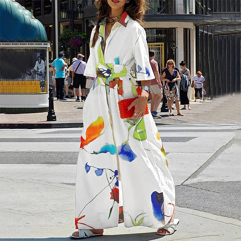 Women's Casual Elegant Dress Summer 2025 Spring Half Sleeves Loose Asymmetric Printed Split-Joint Tied Waist Lapel Maxi Dresses