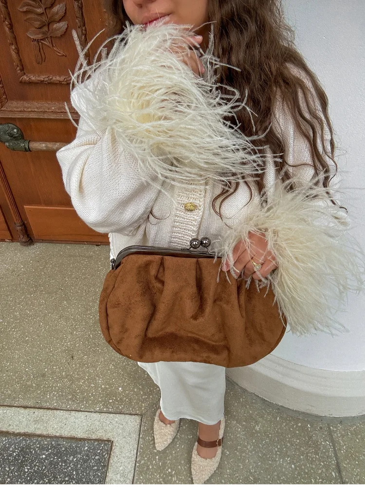 Chic Leather Patchwork Coat Women Fashion Long Sleeves Round Neck Loose Tassel Knitted Cardigan Daily Commute Outerwear 2025 New