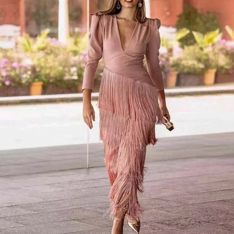 French Elegant Deep V Neck Slim Prom Dresses 2025 Spring Solid Spliced Tassel Long Dress Woman Long Sleeve New Autumn Maxi Dress