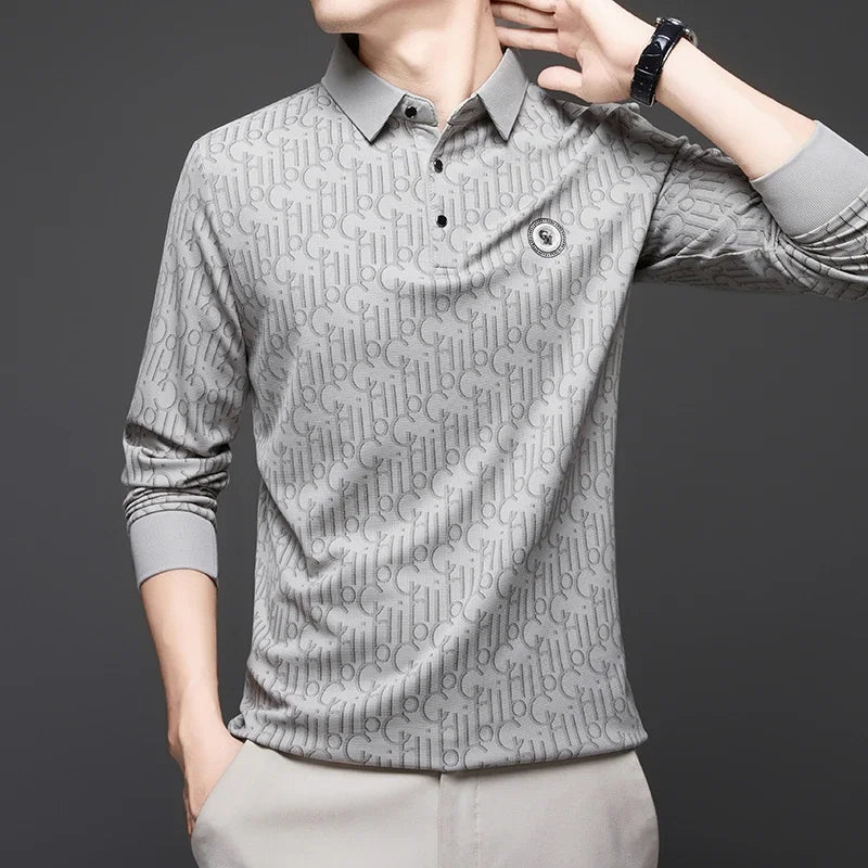 New Men's Business Casual Long Sleeved Shirt with Badge Solid Color Polo Shirt Fashionable Breathable Comfortable Versatile Top