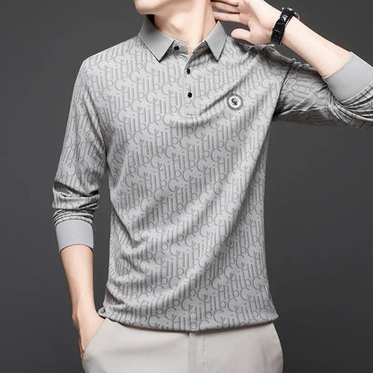 New Men's Business Casual Long Sleeved Shirt with Badge Solid Color Polo Shirt Fashionable Breathable Comfortable Versatile Top
