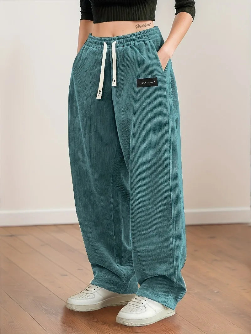 Women's Corduroy Pants Texture Straight-Leg Trousers with Drawstring Waist & White Piping - All-Season Casual to Semi-Formal