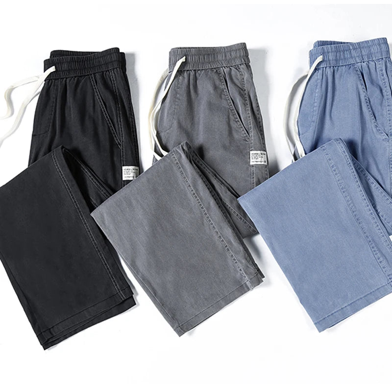 Summer soft Lyocell fabric men's jeans loose straight leg pants drawstring elastic waist Korean casual pants plus size M-5XL