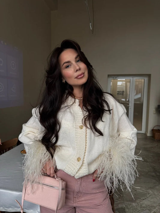 Chic Leather Patchwork Coat Women Fashion Long Sleeves Round Neck Loose Tassel Knitted Cardigan Daily Commute Outerwear 2025 New