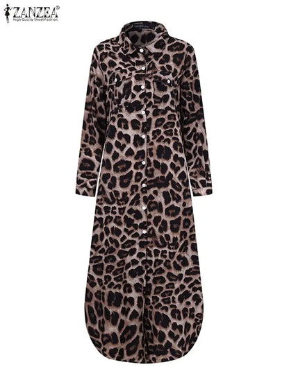 ZANZEA Party Vintage Leopard Robe Women 2025 Autumn Casual Long Sleeve Maxi Long Vestidos Dress Fashion Oversized Shirt Sundress