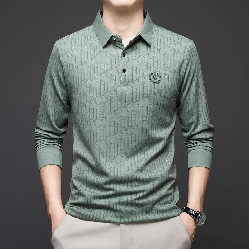 New Men's Business Casual Long Sleeved Shirt with Badge Solid Color Polo Shirt Fashionable Breathable Comfortable Versatile Top