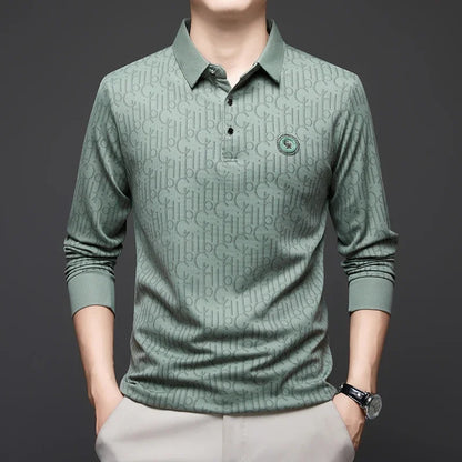 New Men's Business Casual Long Sleeved Shirt with Badge Solid Color Polo Shirt Fashionable Breathable Comfortable Versatile Top