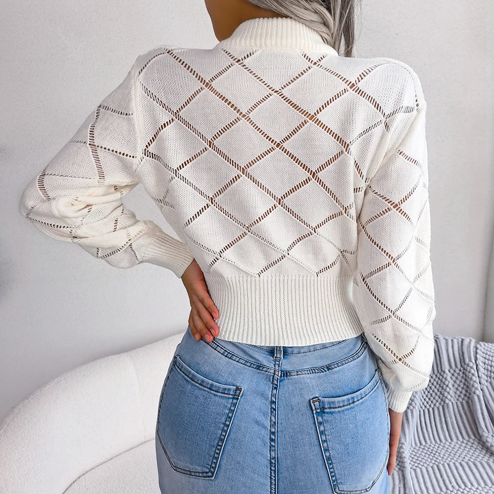 Knitted Pullovers Women 2025 Autumn Winter Casual Long Sleeve Hollow Out Sweater Crop Top White Pink Khaki