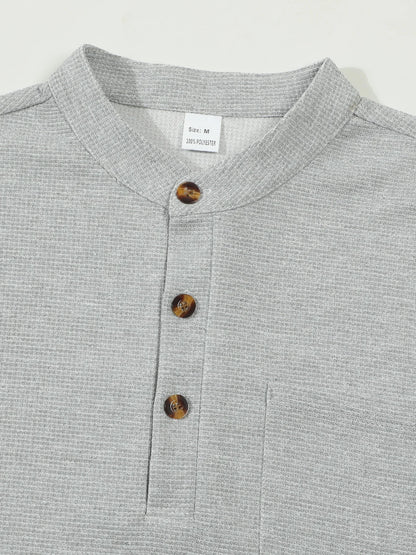 Men's casual waffle check long-sleeved shirt stand-up collar button semi-cardigan breathable and comfortable daily wear shirt