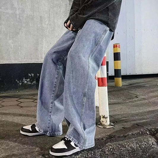2023New Streetwear Loose Jeans Men Korean Style Fashion Loose Straight Wide Leg Pants Men's Brand Clothing Black Light Blue