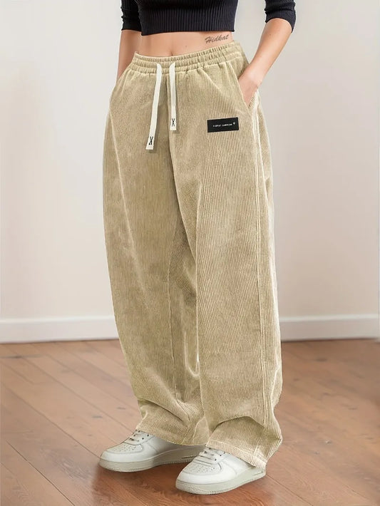 Women's Corduroy Pants Texture Straight-Leg Trousers with Drawstring Waist & White Piping - All-Season Casual to Semi-Formal