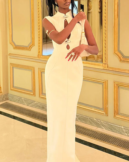 Solid Hollow Out Long Dress Women Elegant Sleeveless High Collar High Waist Bodycon Maxi Dresses 2025 Lady Evening Party Gowns