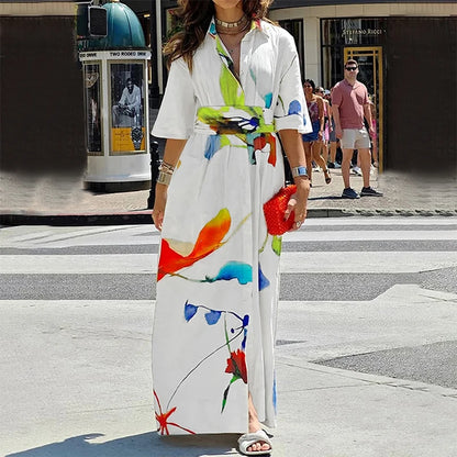 Women's Casual Elegant Dress Summer 2025 Spring Half Sleeves Loose Asymmetric Printed Split-Joint Tied Waist Lapel Maxi Dresses